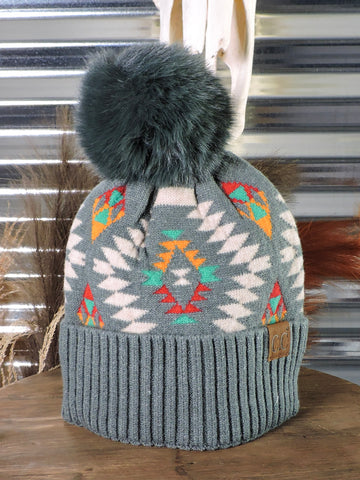 C.C. - Aztec - Pom Beanie - Green - Western Accessory - Winter Hat - Bronco Western Supply Co.