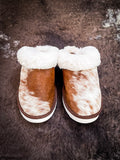 Myra Bag - Alamosa Hair-on Hide Lined Slippers in Brown & White - Bronco Western Supply Co.