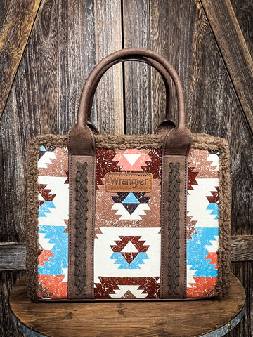 Wrangler Sherpa Tote Southwestern Print Canvas Tote/Crossbody - Coffee - Bronco Western Supply Co.