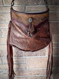 Myra Bag - Sculpted Brown Embossed Hairon Bag With Fringe - Purses & Wallets - Myra Bag - Bronco Western Supply Co.