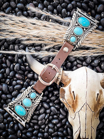 Nellie Western Style Turquoise and Leather Watch Band - Accessories - Bronco Western Supply Jewelry - Bronco Western Supply Co.