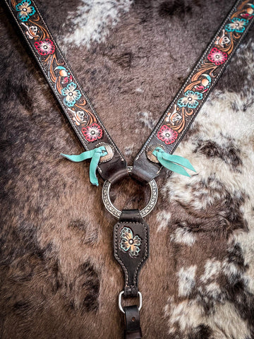 Silver Royal Blue and Pink Floral Breast Collar - Breast Collars - Tough 1 - Bronco Western Supply Co.