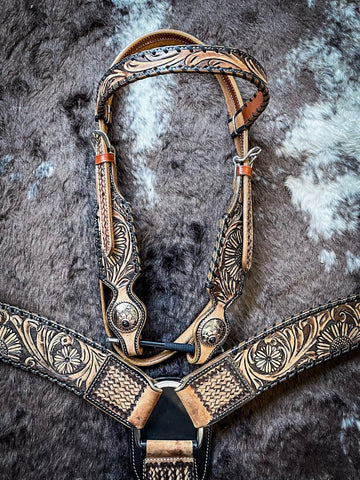 Silver Royal Sunflower and Black Lace Headstall and Breast Collar Set - Headstalls & Accessories - Tough 1 - Bronco Western Supply Co.