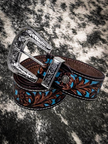 Myra Bag - Turquoise Hand Tooled Leather Belt - Western Belt - Bronco Western Supply Co.